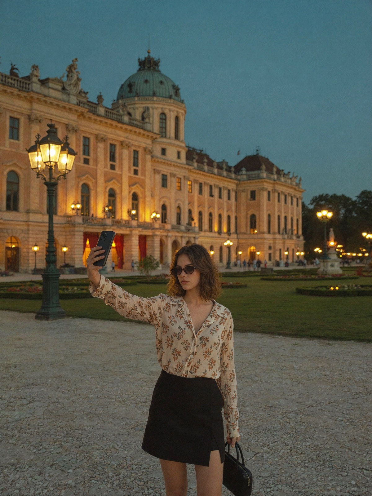 Sophia Auenfeld vor einem Palais in der Dämmerung